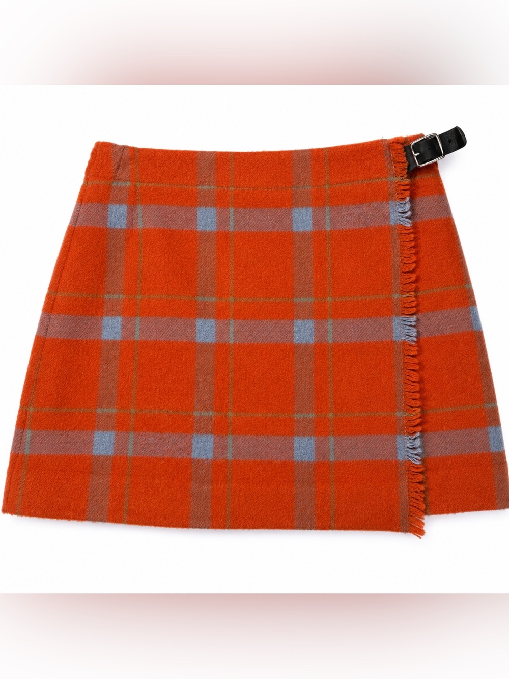 Vintage Esprit Orange Plaid Wool Wrap Mini Skirt Buckle Preppy 90s Y2K Fall